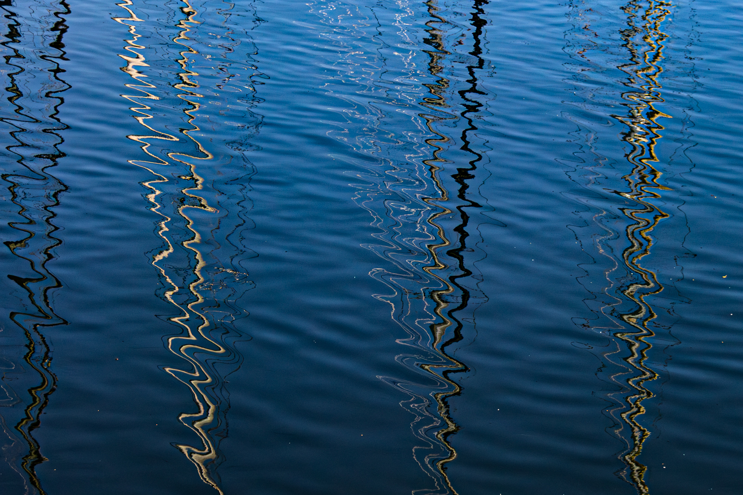 Die Spiegelung der Masten der Segelboote im Wasser des Hafens wird durch leichte Wellen gebrochen