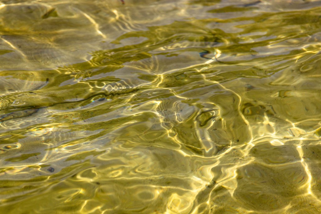 Golden reflektiert der Sand das Sonnenlicht, das durch das sichte Wasser fällt